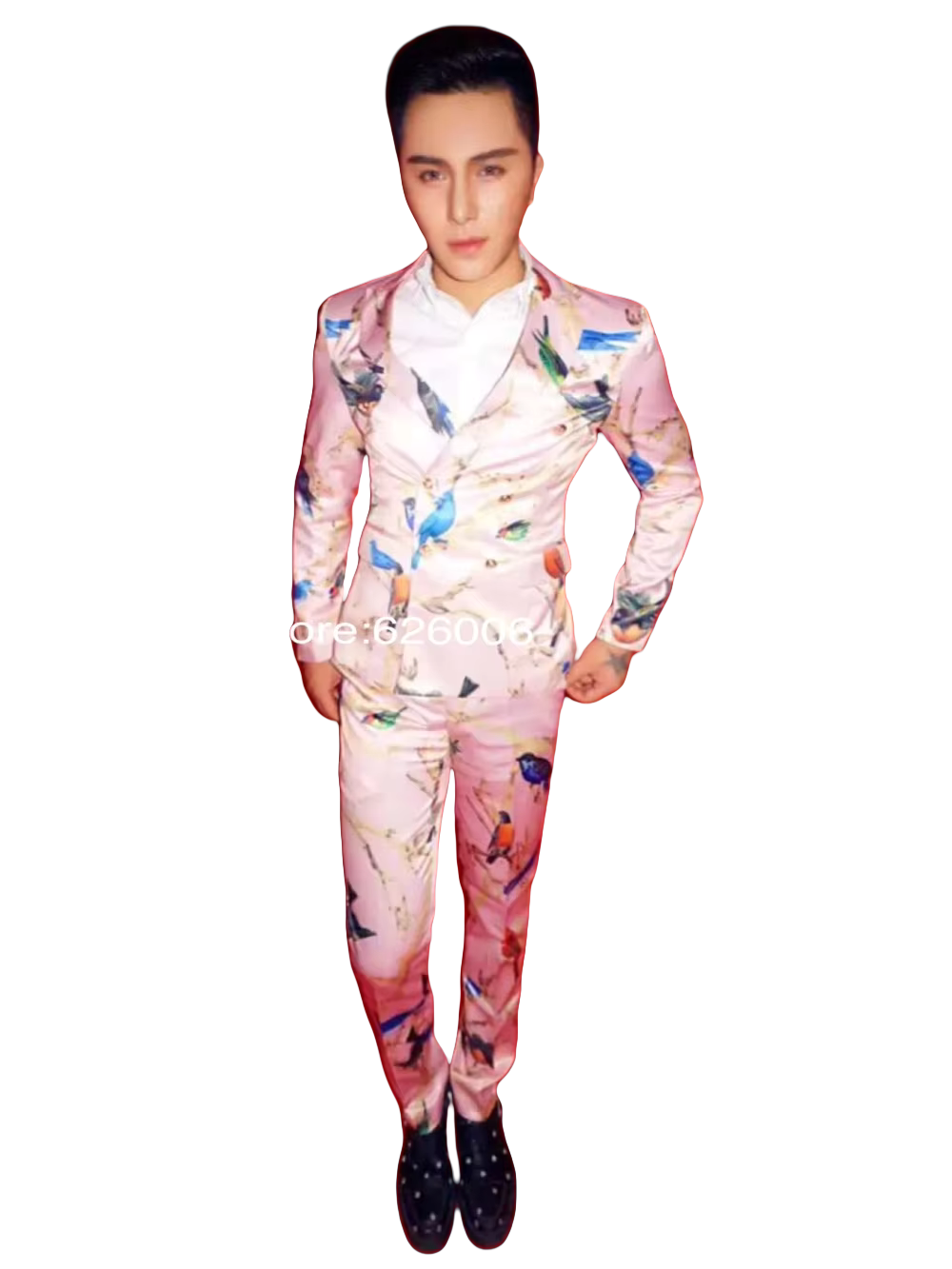 Men Formal Wear Pink - Moda masculina flor rosa pássaros impressão