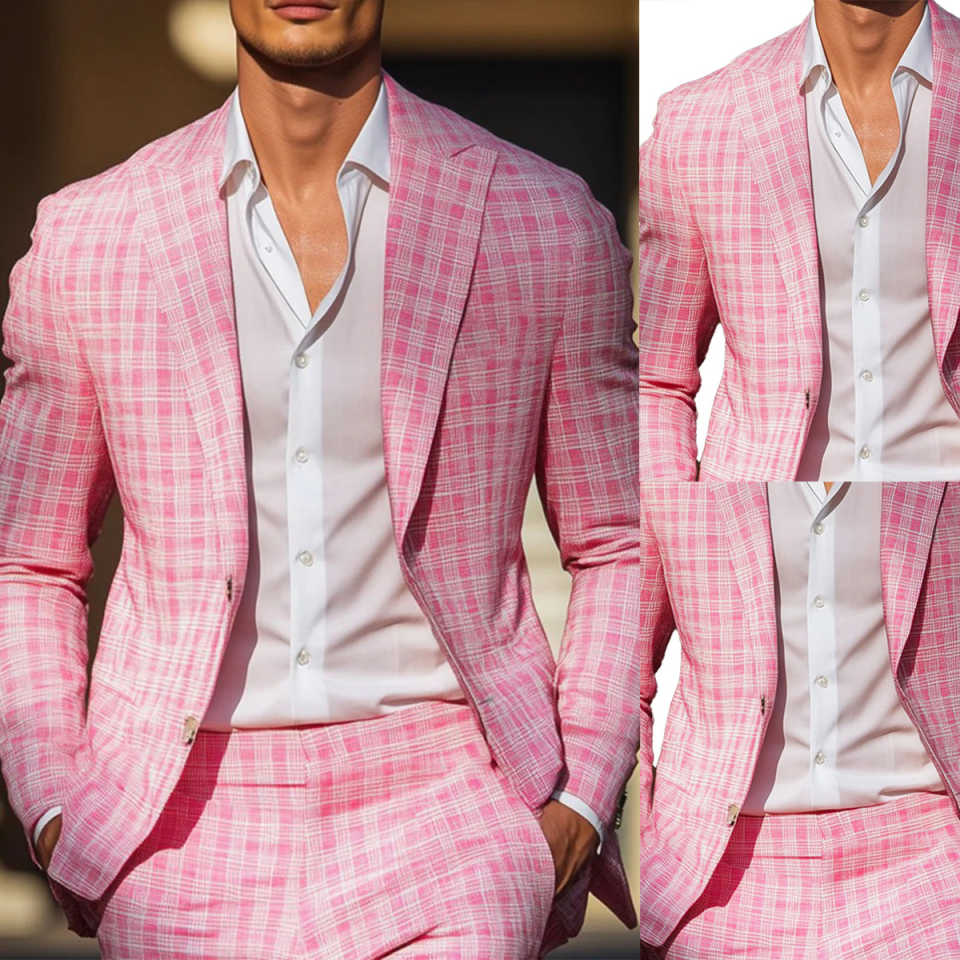 Men Formal Wear Pink - Verão rosa xadrez masculino smoking lapela