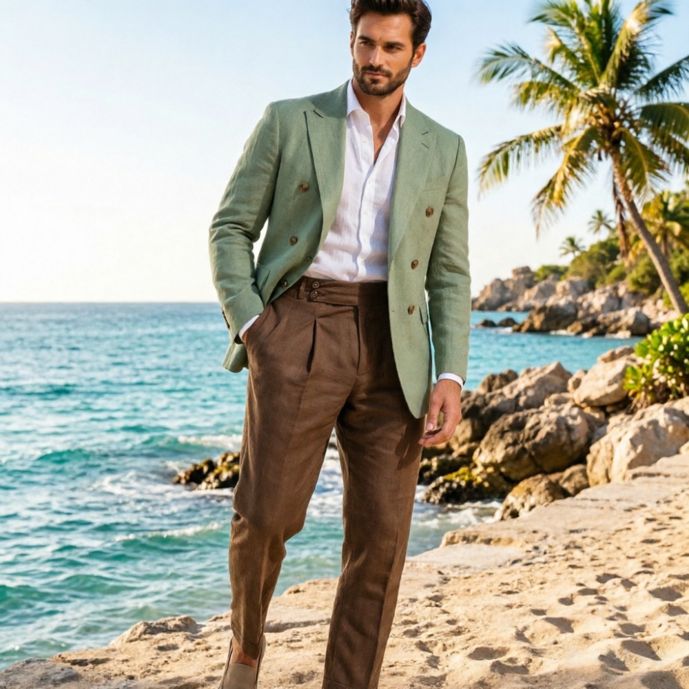 Men'S Holiday Formal Wear - Terno Masculino de Linho Bege de