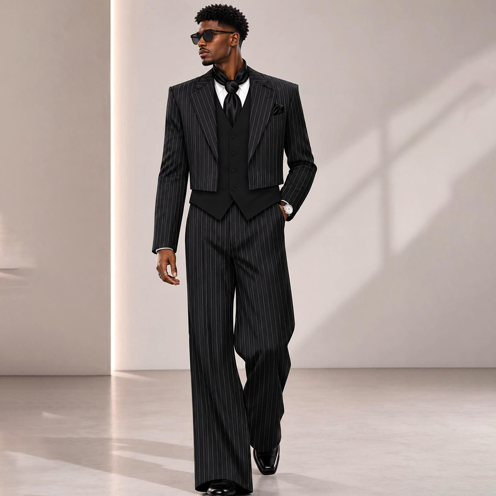 Mens Formal Look - Terno Moderno Masculino Preto Listrado com