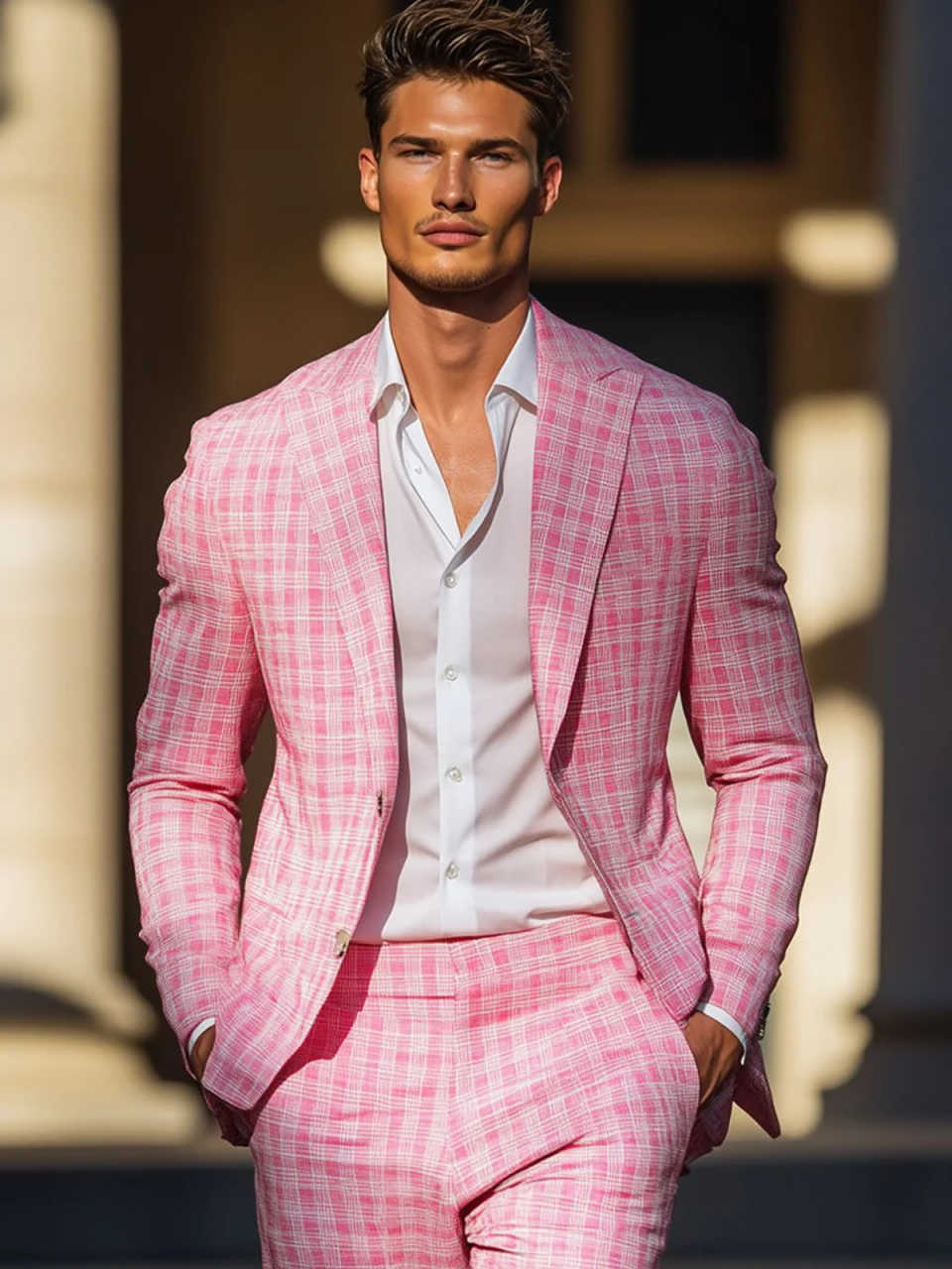 Verão rosa xadrez masculino sm - Men Formal Wear Pink avaliação e preço