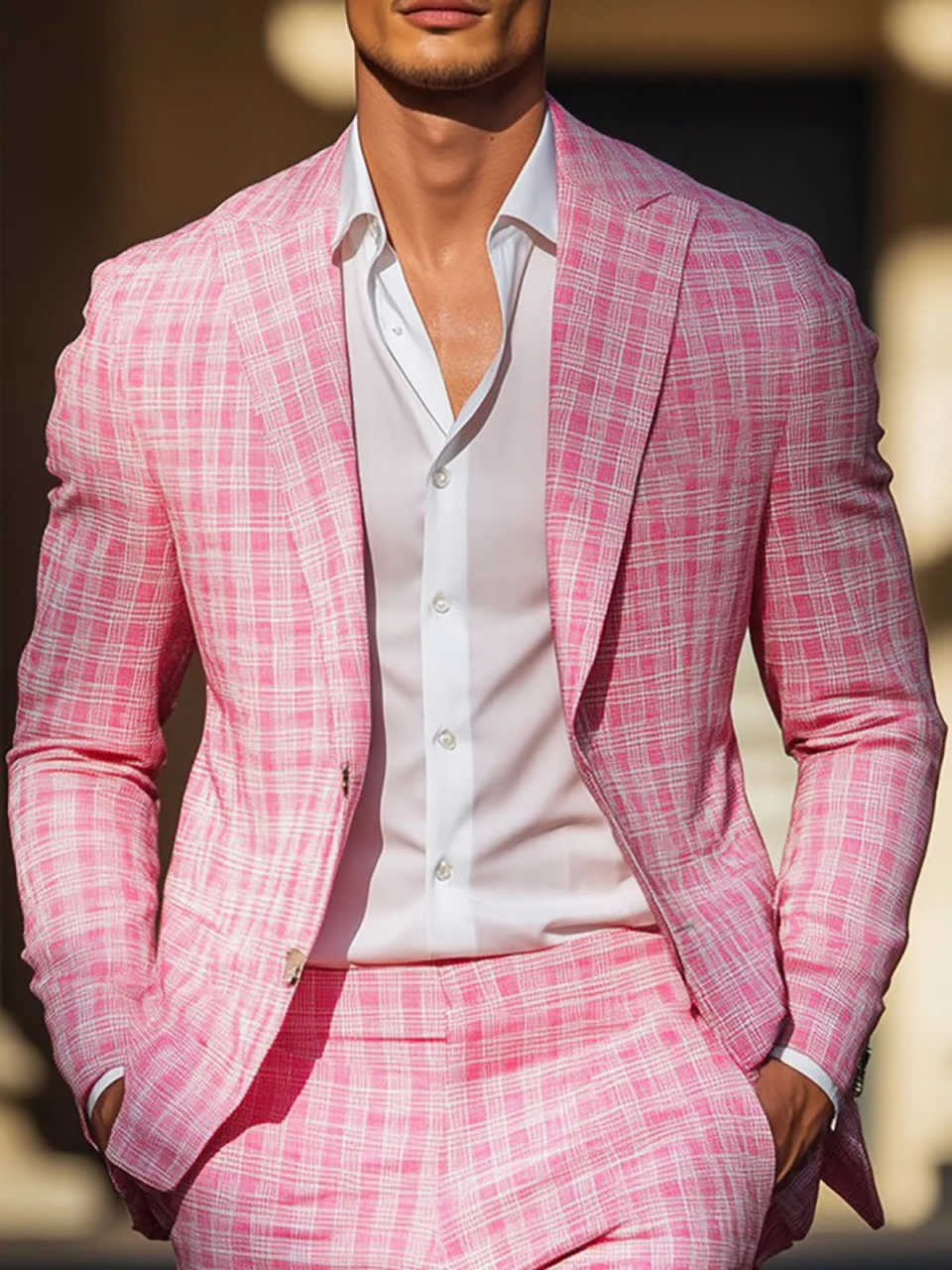 Verão rosa xadrez masculino sm - Men Formal Wear Pink avaliação e preço